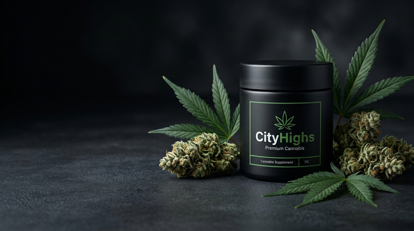 Premium cannabis flower and CityHighs branded jar on a dark background
